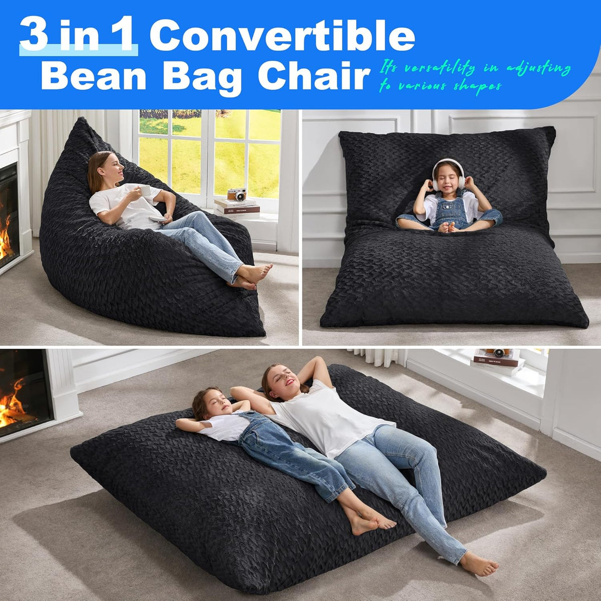 Hobestluk 3 in 1 Bean Bag Chair Giant Bean Bag Chairs for Adults with Chevron Plush Fur Cover