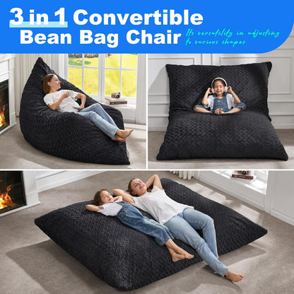 Hobestluk 3 in 1 Bean Bag Chair Giant Bean Bag Chairs for Adults with Chevron Plush Fur Cover
