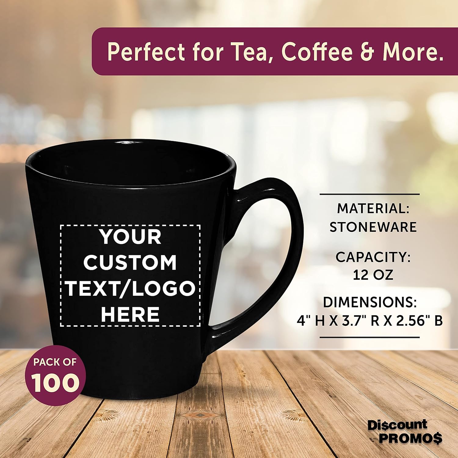DISCOUNT PROMOS Custom Glossy Ceramic Latte Coffee Mug 12 oz. Set of 100, Personalized Bulk Pack