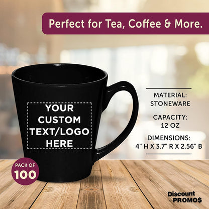 DISCOUNT PROMOS Custom Glossy Ceramic Latte Coffee Mug 12 oz. Set of 100, Personalized Bulk Pack