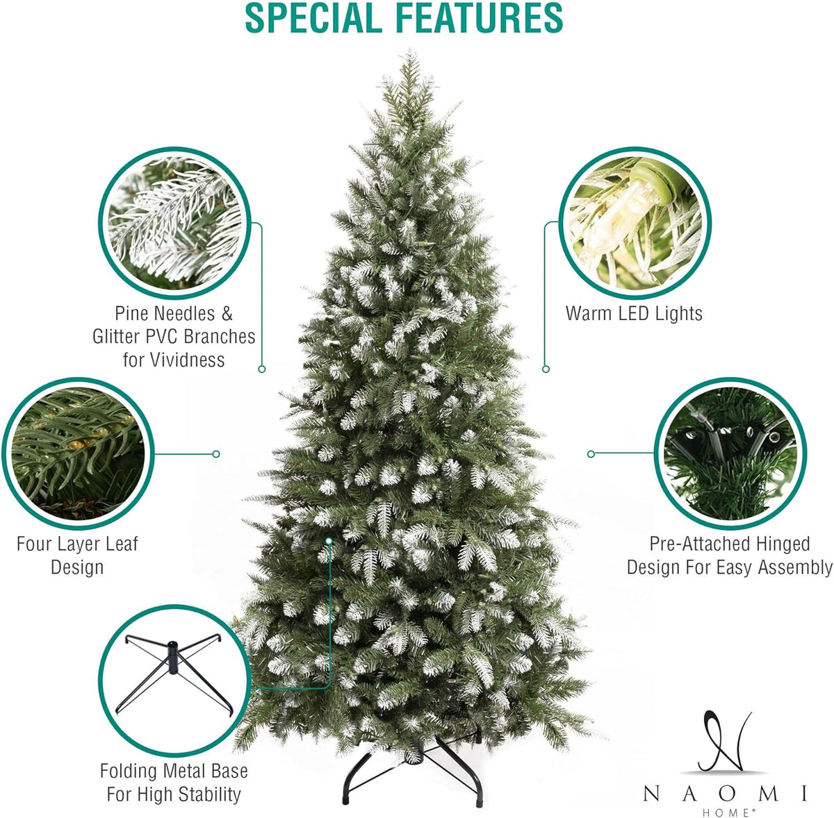 Naomi Home 6.5ft White Tip Christmas Tree with Lights, Realistic Light Snow Flocked Fir Prelit with
