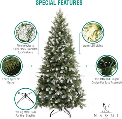 Naomi Home 4.5ft White Tip Christmas Tree with Lights, Realistic Light Snow Flocked Fir Prelit with