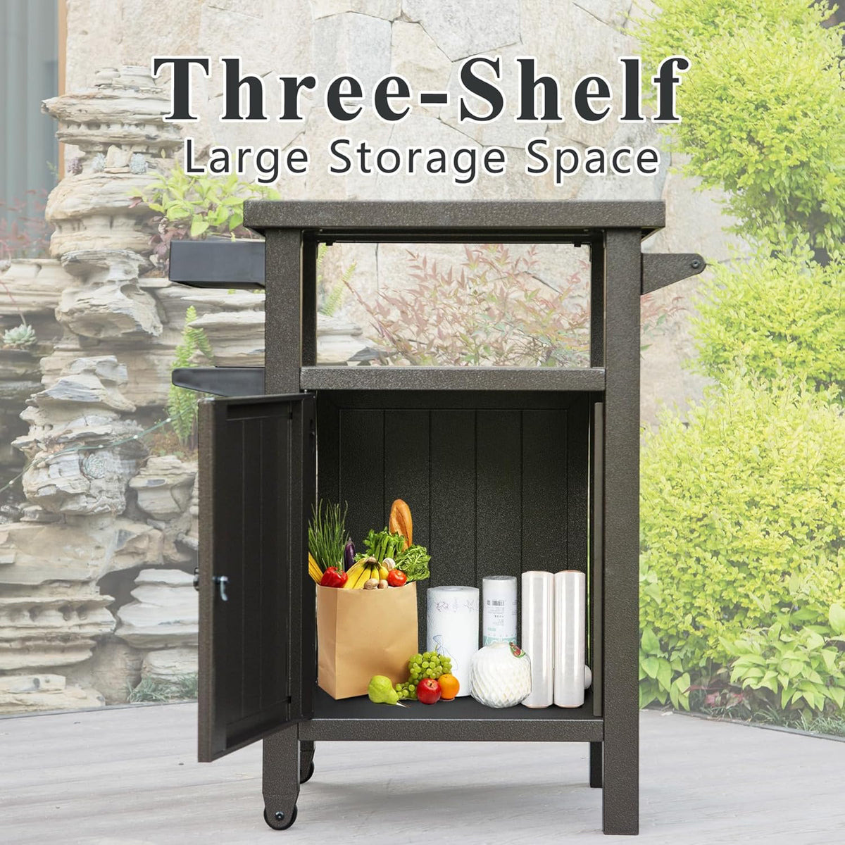 Domi Grill Carts Outdoor with Storage and Wheels, Whole Metal Portable Table and Storage Cabinet
