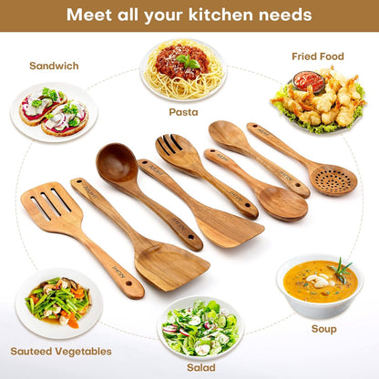 AIUHI Wood Spoons for Cooking, Nonstick Kitchen Utensil Set, Wooden Spoons Cooking Utensil Set Non