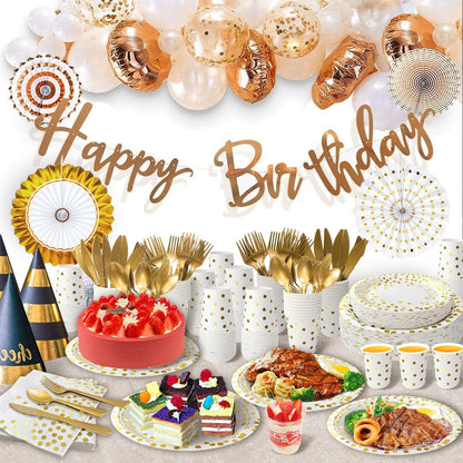 AIRE 350PCS White Gold Paper Plates Party Supplies for 50 Guests Party Decorations Disposable