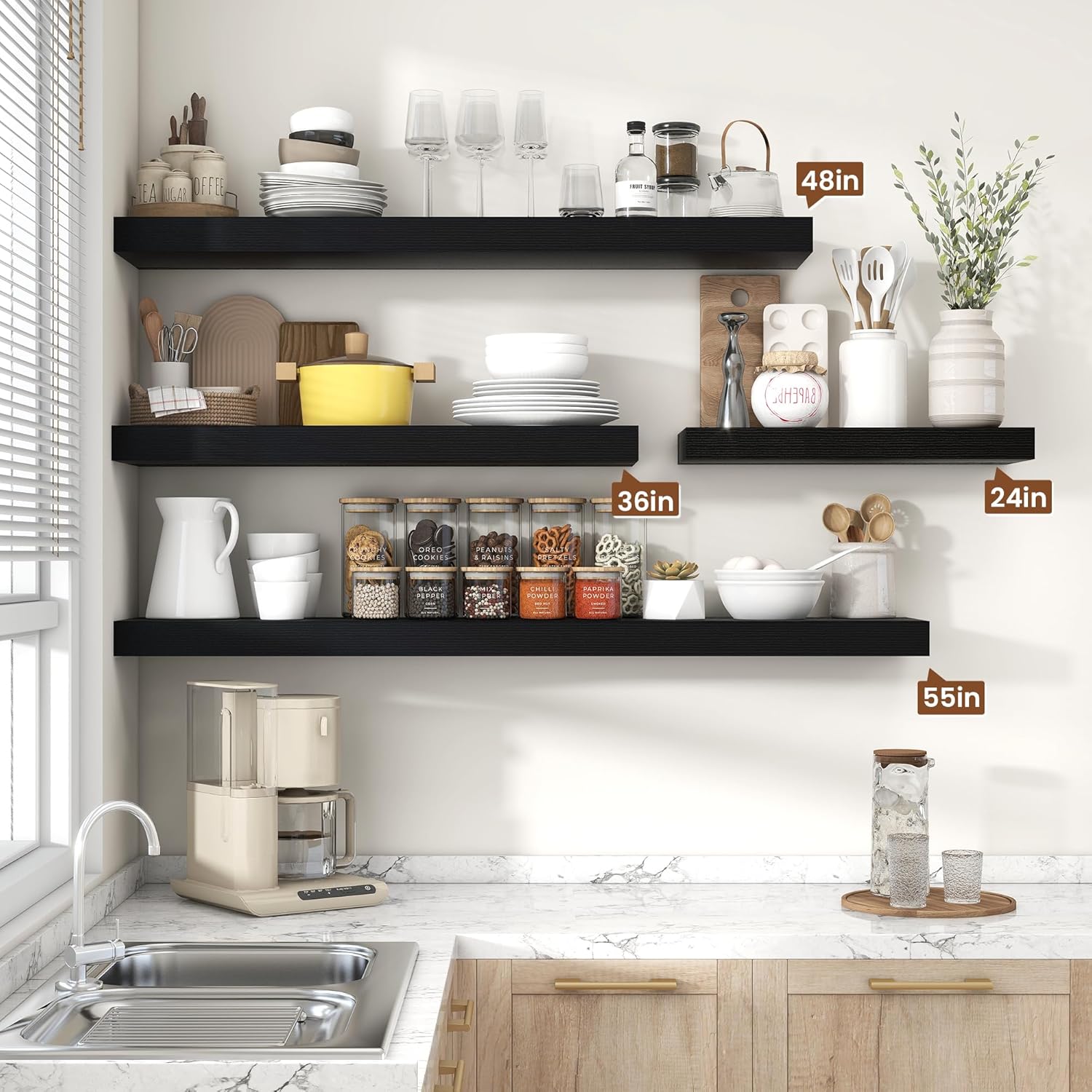 Heimlove 36 Inch Black Floating Shelves for Wall,10 Inch Deep Wood Shelves with Invisible