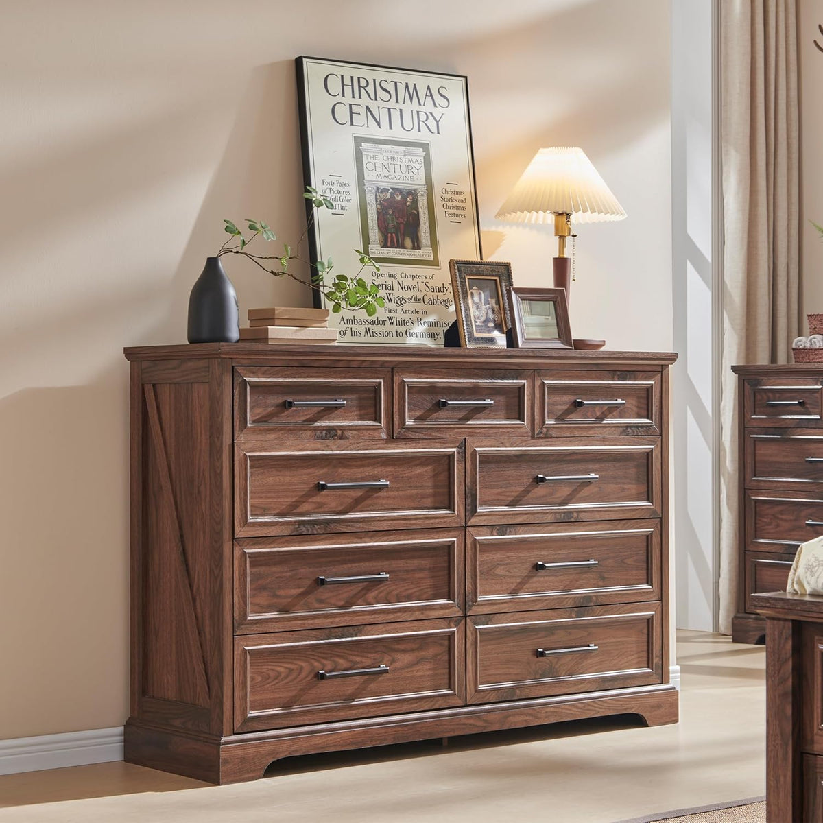 Farmhouse 9 Drawer Dresser for Bedroom, 36 Inch Tall Modern Dresser TV Stand with Large Drawers &