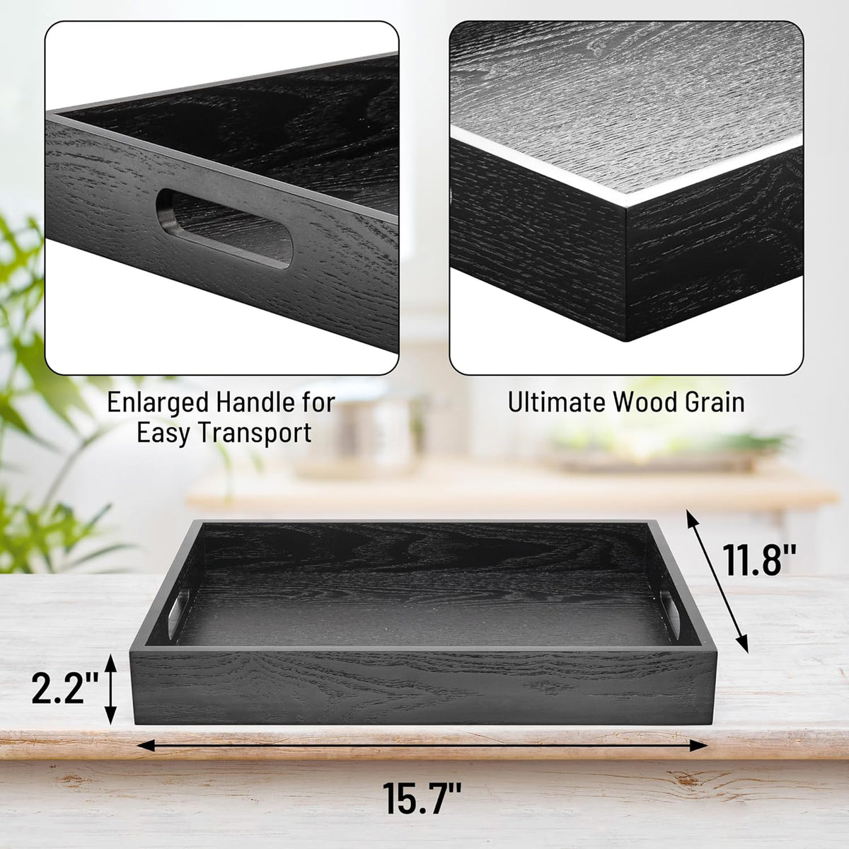 Wood Serving Tray with Handles, Home Decorative Wooden Rectangle Ottoman Decor Platter Vanity Tray