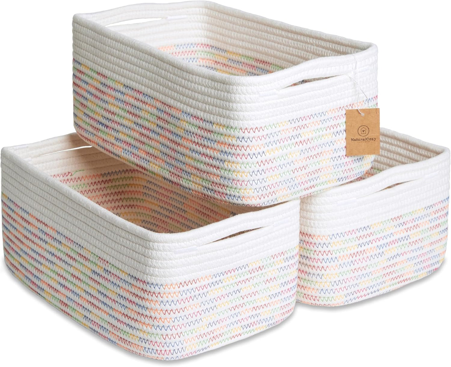 NaturalCozy 13.5”x8.5”x5.5” Rectangle Storage Baskets for Shelves 3 Pack | Cotton Rope Woven Small