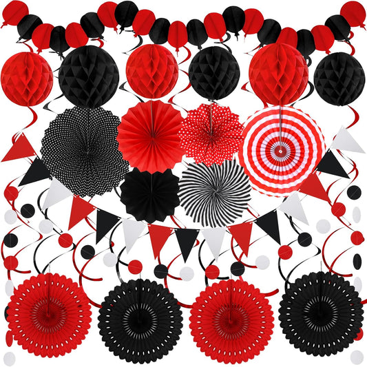 Black Red Party Decorations, Easy Assembly Paper Fan Honeycomb Ball Garland Hanging Swirl