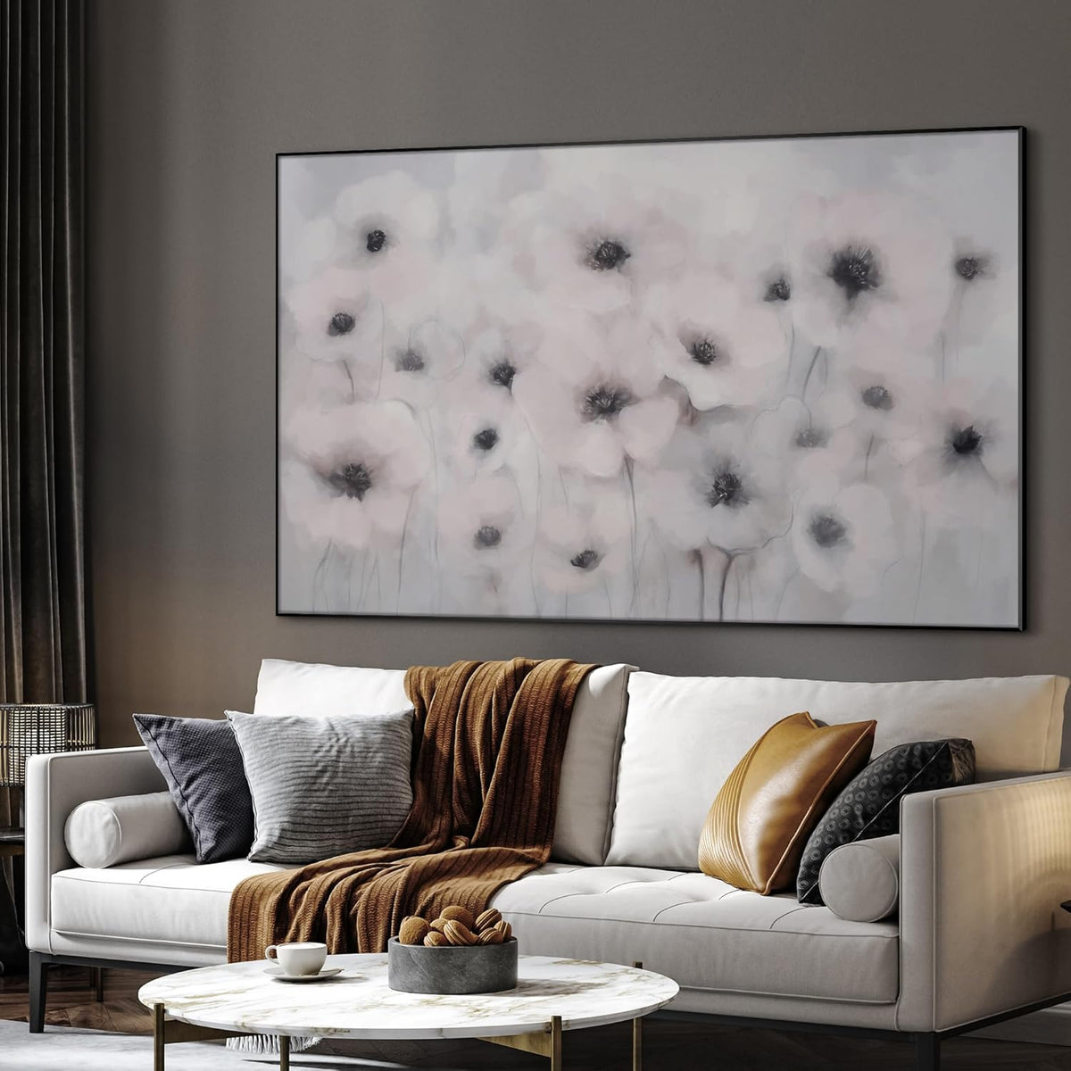 46"x72" Extra Large Framed Wall Art Soft White Poppies Watercolor Floral, Delicate Botanical for