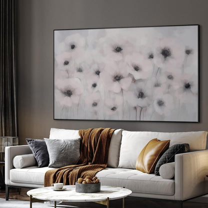 46"x72" Extra Large Framed Wall Art Soft White Poppies Watercolor Floral, Delicate Botanical for