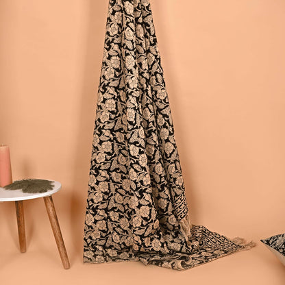 Handmade Cotton Throw Blanket 48x70 Inches | Black & Beige Floral Block Print Decorative Sofa Throw
