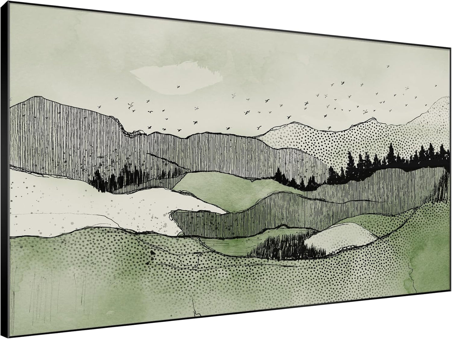 SIGNWIN 46"x72" Extra Large Framed Wall Art Green Line Art Mountain Landscape Illustration for Home