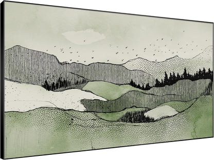 SIGNWIN 46"x72" Extra Large Framed Wall Art Green Line Art Mountain Landscape Illustration for Home