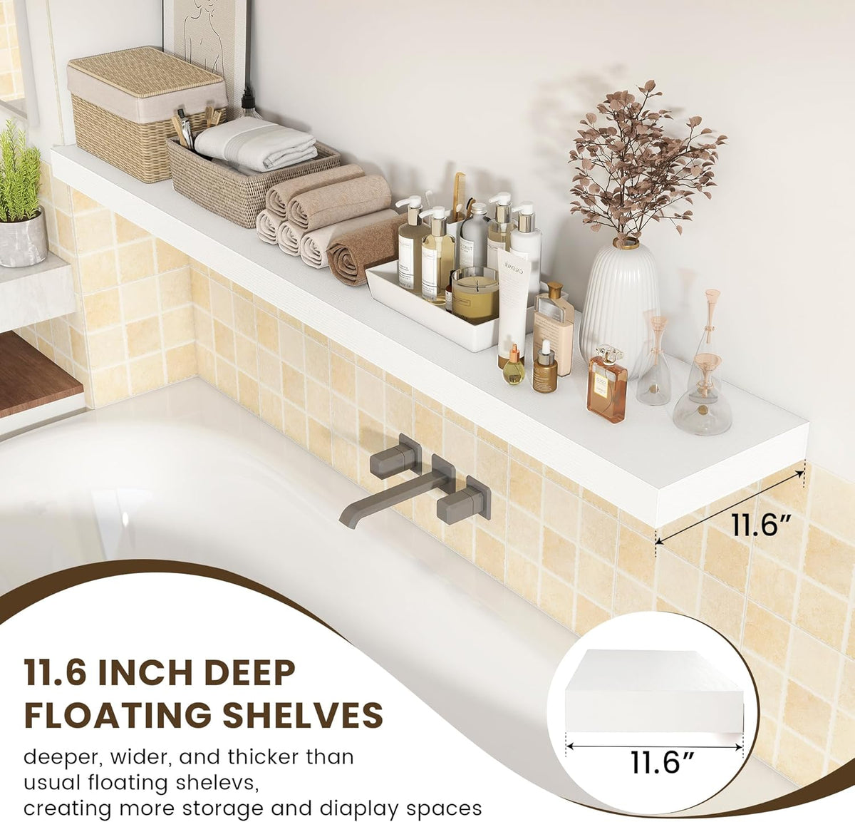 White Floating Shelves for Wall - 72 Inch Wide x 12 Inch Deep Wall Shelves Set of 1 - Rustic White