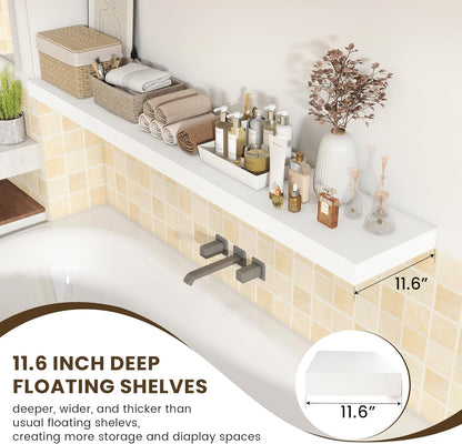 White Floating Shelves for Wall - 72 Inch Wide x 12 Inch Deep Wall Shelves Set of 1 - Rustic White