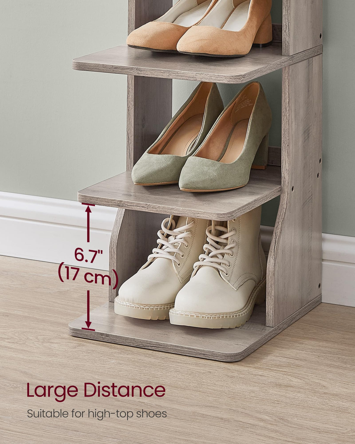 VASAGLE 7-Tier Vertical Shoe Rack, Narrow Shoe Storage Organizer with Hooks, Slim Corner Tower