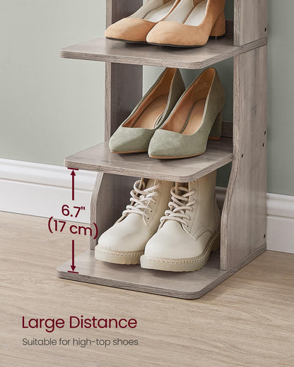VASAGLE 7-Tier Vertical Shoe Rack, Narrow Shoe Storage Organizer with Hooks, Slim Corner Tower