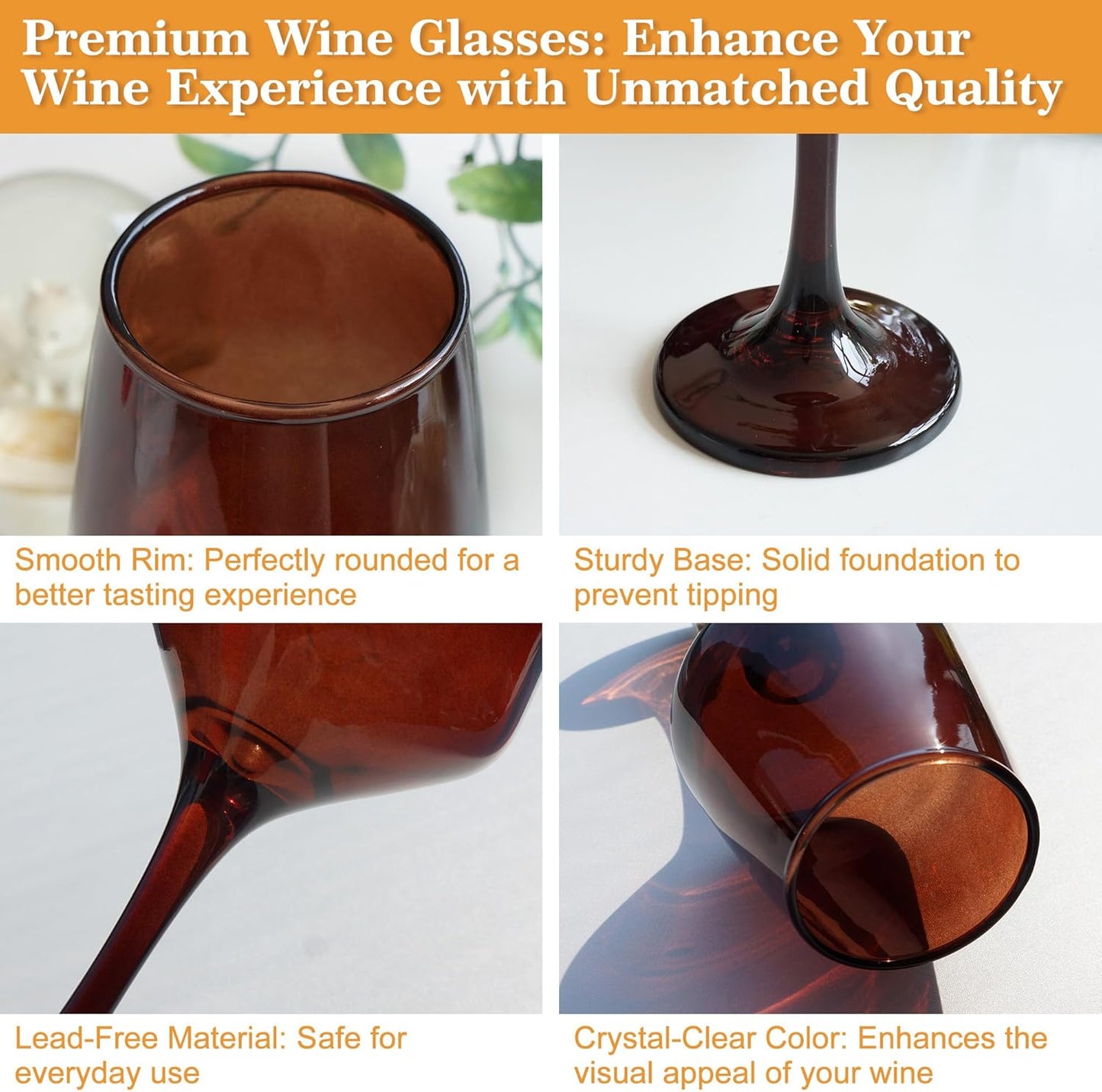 Brown Wine Glasses Set of 6-12oz Brown Long Stem Wine Glass Cups, Pretty Crystal Glassware, Hand