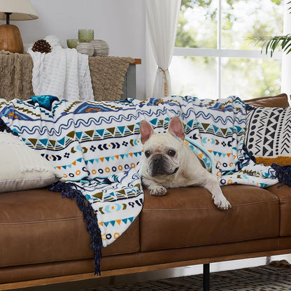 CASAAGUSTO Boho Throw Blanket - Blue and White Decorative Blankets with Tassel, Printed Flannel