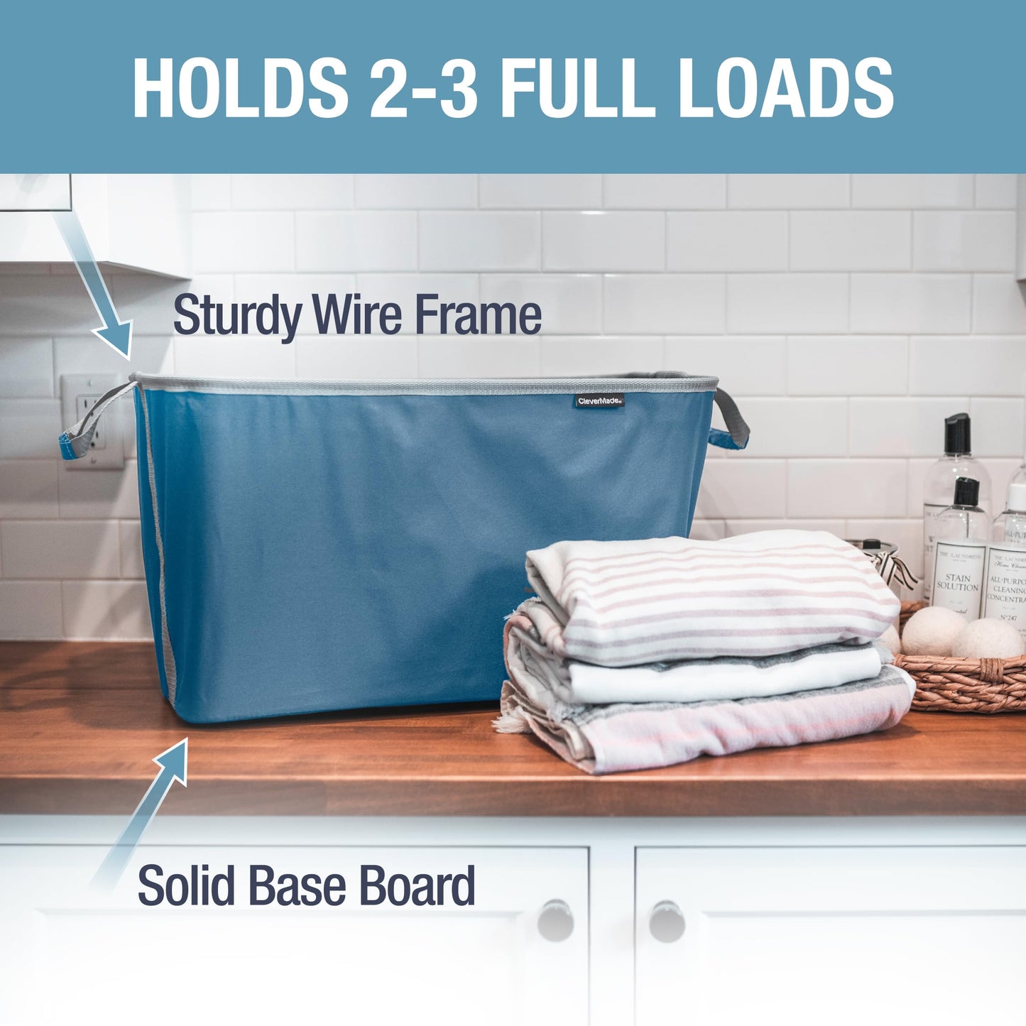 CleverMade Collapsible Laundry Basket, 60L Pop-Up Hamper, 2 Pack, Denim