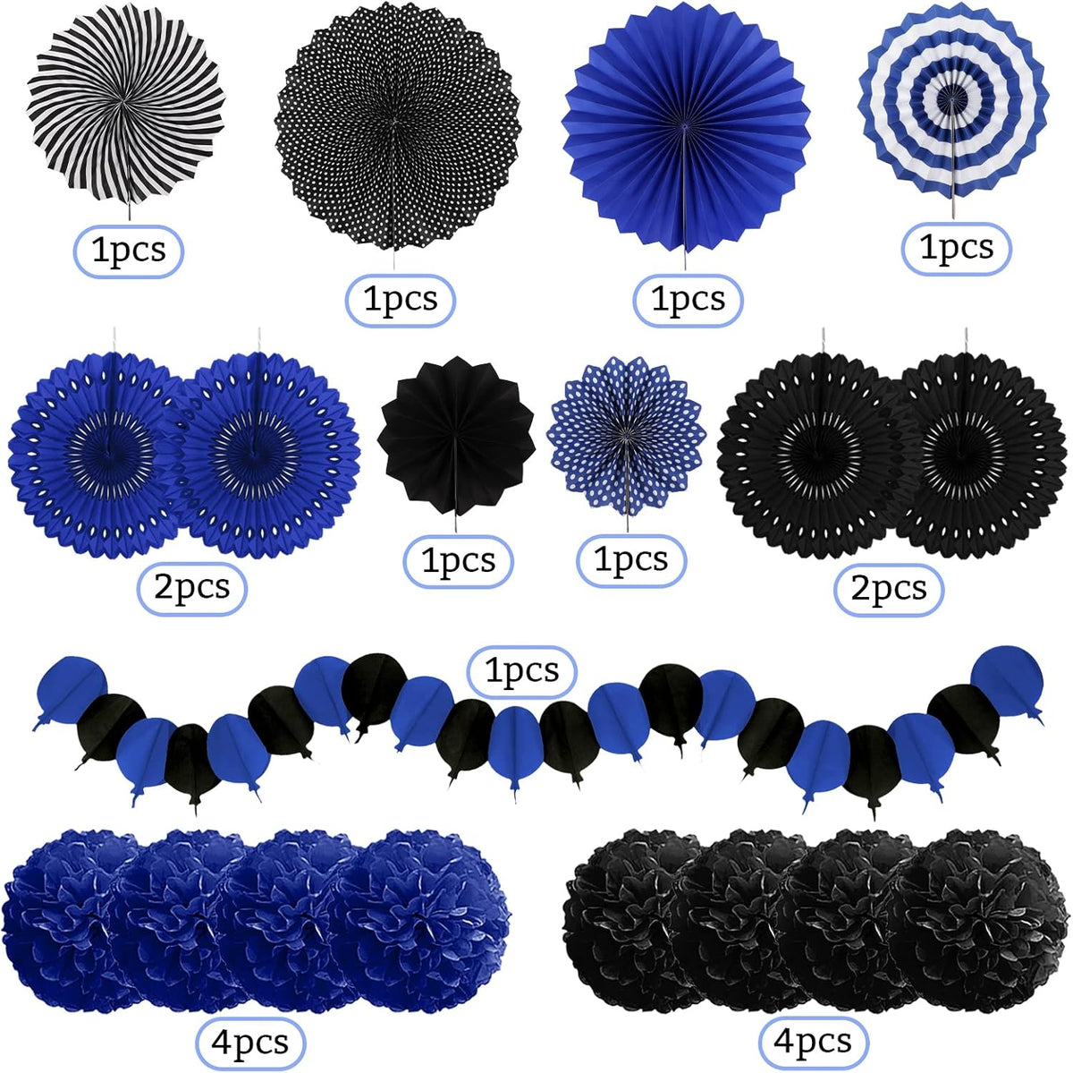 Party Decorations, Black Navy Blue Papar Fans Pompoms Garlands for Men Boy Fathers Day Graduation