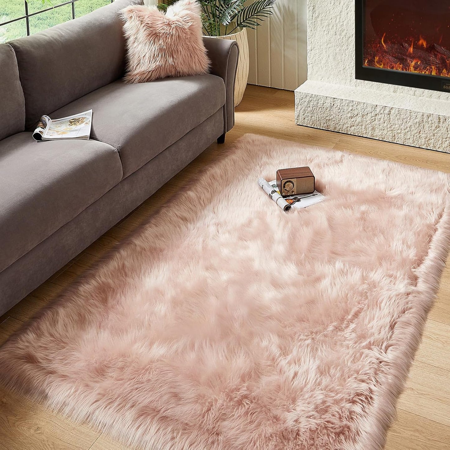 AMTOVO Faux Fur Sheepskin Rug for Living Room, 4 x 6 ft Pink Fluffy Area Rug for Bedroom, Playroom
