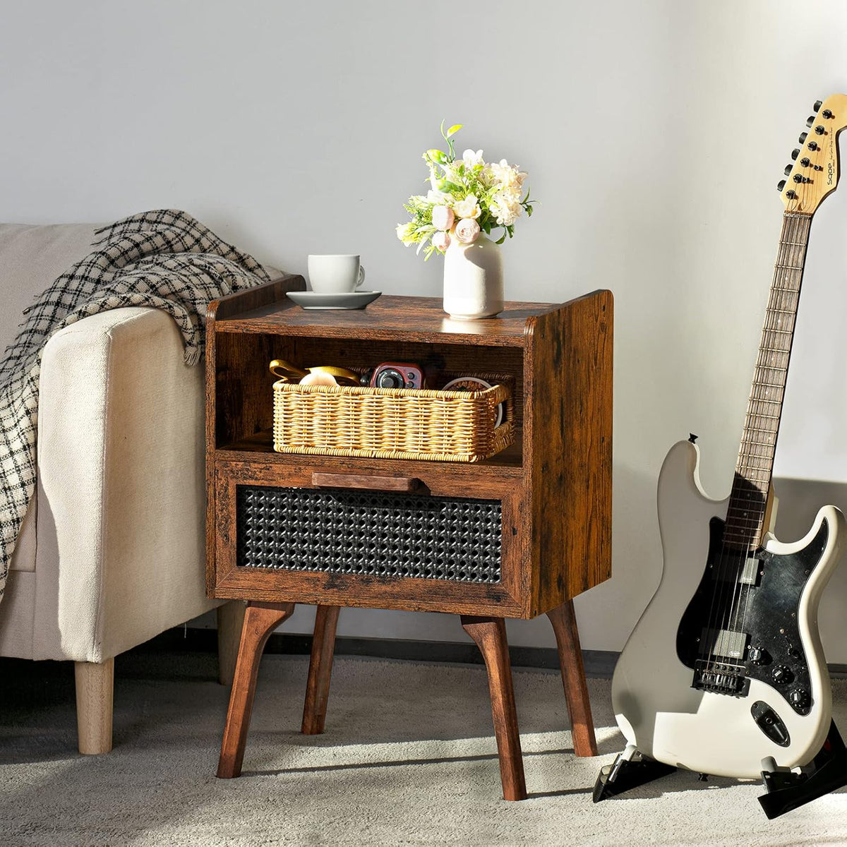 Lerliuo Rattan Nightstand, Boho Side Table with Drawer Open Shelf, Cane Accent Bedside End Table