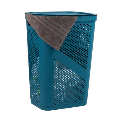 Mind Reader Slim Laundry Hamper with Lid, 60L Clothes Basket, Ventilated Plastic, Blue
