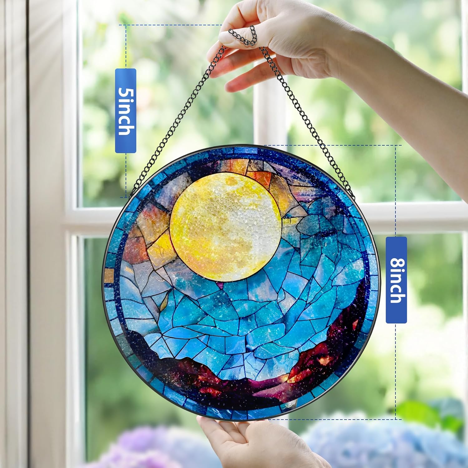 Stained Glass Window Hanging - 8 Inch Full Moon Suncatcher for Window Doors Home Decoration