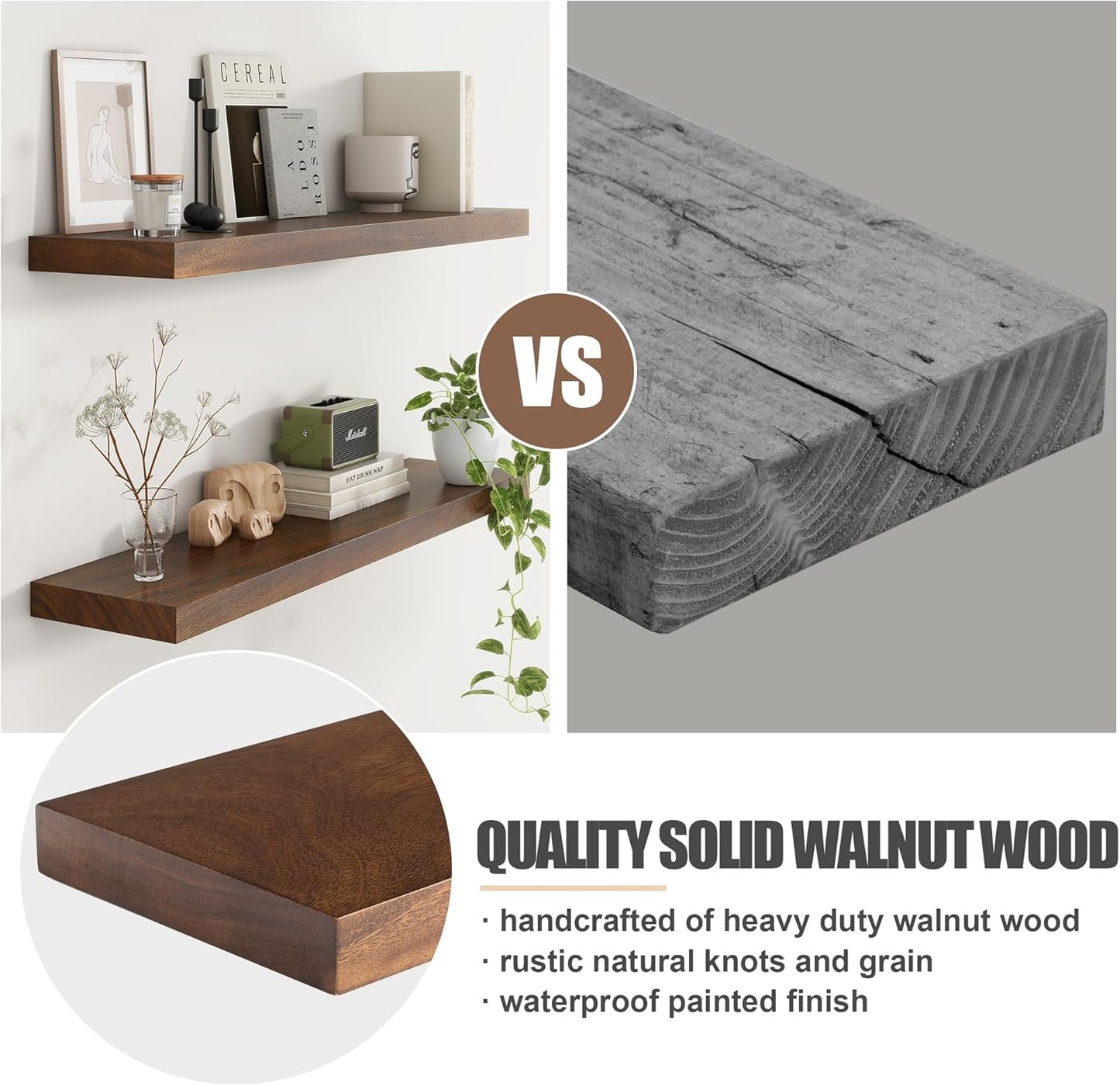 Floating Shelves for Wall, USA-Sourced Walnut Wood 36 Inch Long Wall Shelves Set of 2, Natural