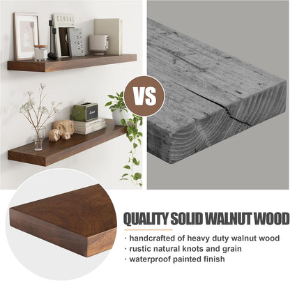 Floating Shelves for Wall, USA-Sourced Walnut Wood 36 Inch Long Wall Shelves Set of 2, Natural