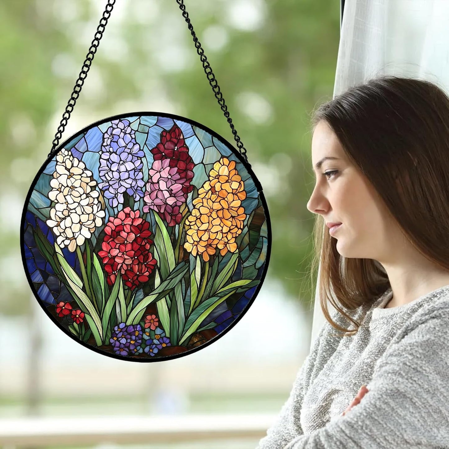 Stained Glass Window Hanging, Colorful Hyacinth Flowers Suncatcher for Doors Window Home Plant Sun