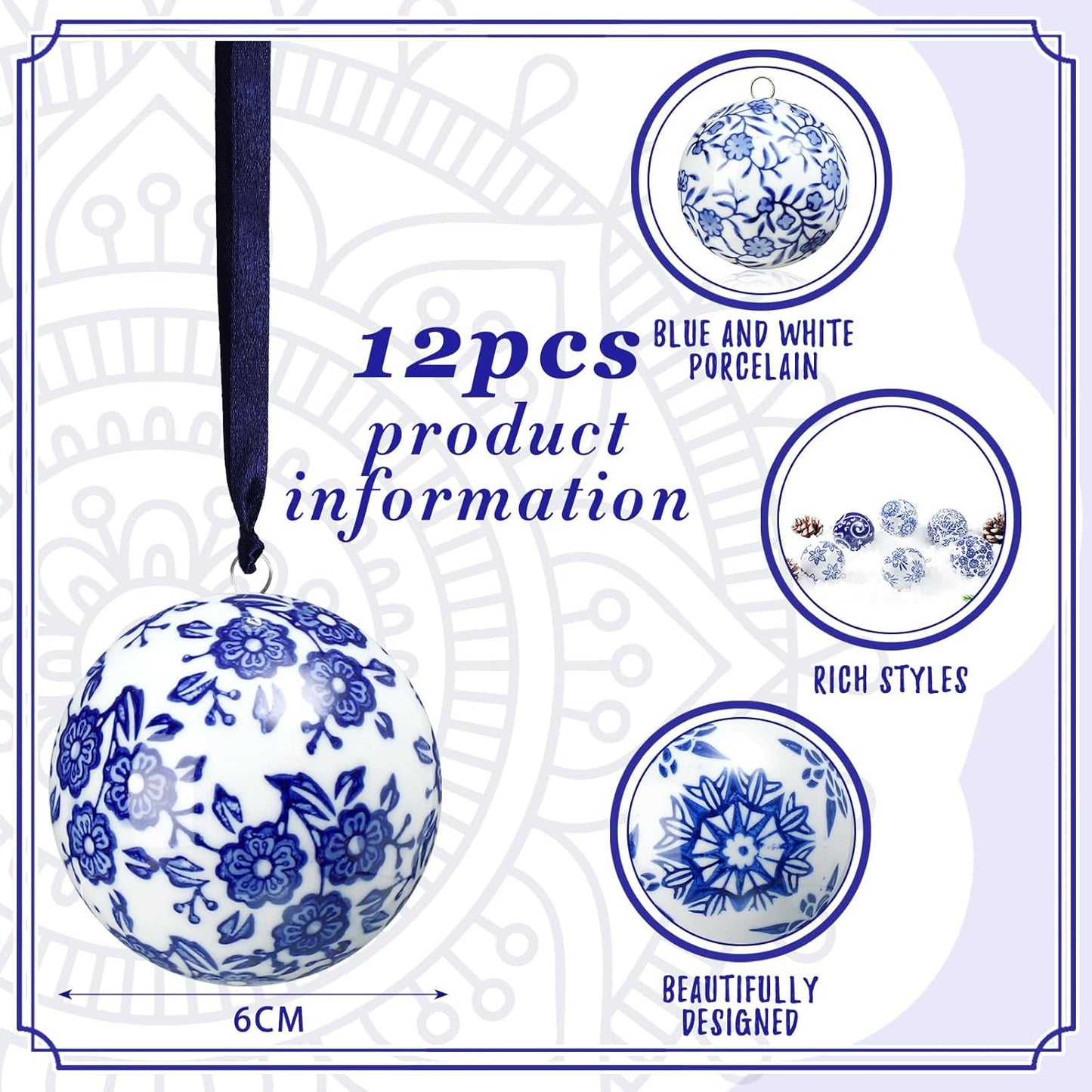 Cindeer 12 Pcs Blue and White Christmas Porcelain Balls 2.4 Inch Porcelain Chinoiserie Ornament