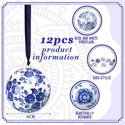 Cindeer 12 Pcs Blue and White Christmas Porcelain Balls 2.4 Inch Porcelain Chinoiserie Ornament