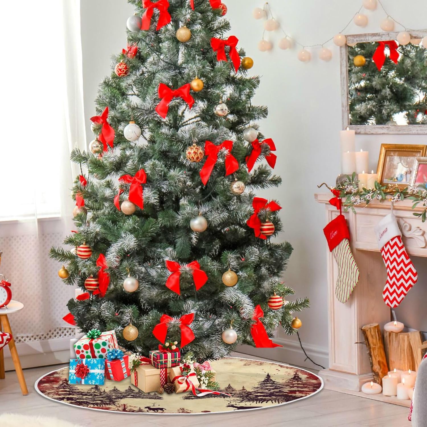 Vintage Red Elk Christmas Tree Skirt - 36 Inch Xmas Tree Mat for New Year Party Decorations