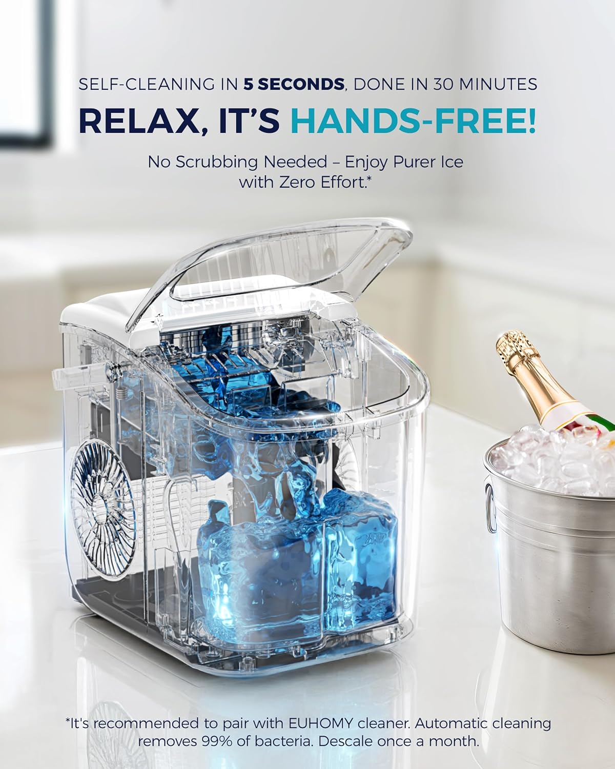 EUHOMY Countertop Ice Maker Machine with Handle, 26lbs Per Day, 9 Ice Cubes Ready in 6 Mins