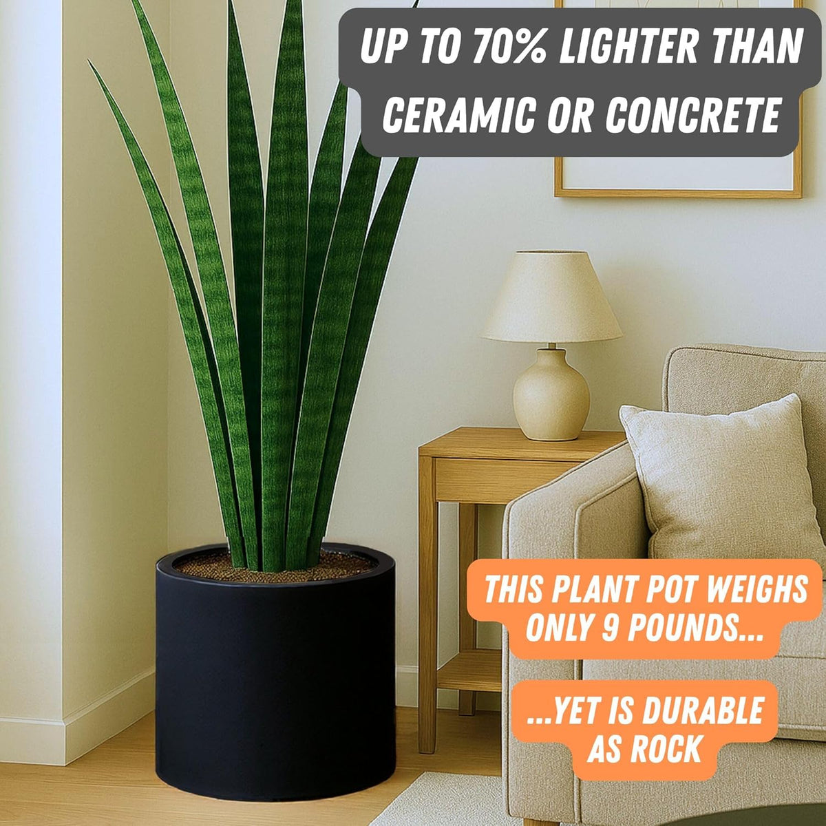 Fox & Fern 14.6 Inch Extra Large Planter — Premium Lightweight Fiberstone Matte Black Plant Pot