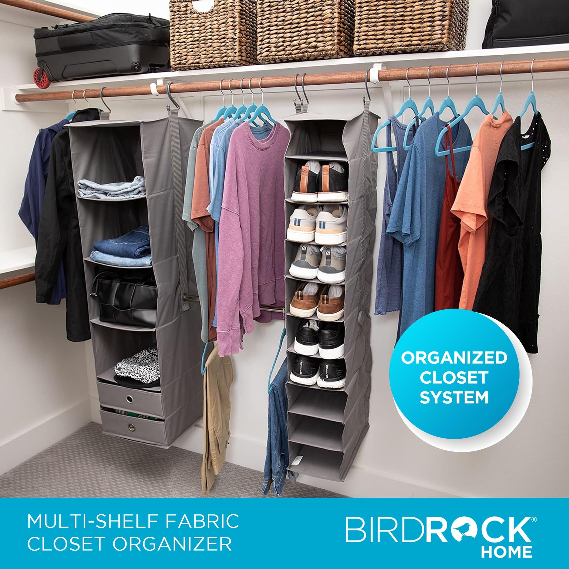 BIRDROCK HOME 5pc Hanging Closet Organizer System with Storage Shelves - Grey - Shoe Clothing