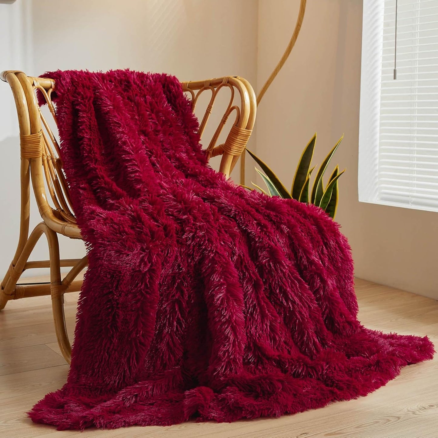 XeGe Luxury Faux Fur Throw, Red Soft 50x60 Fluffy Blanket, Shaggy Plush Decorative Couch Blanket