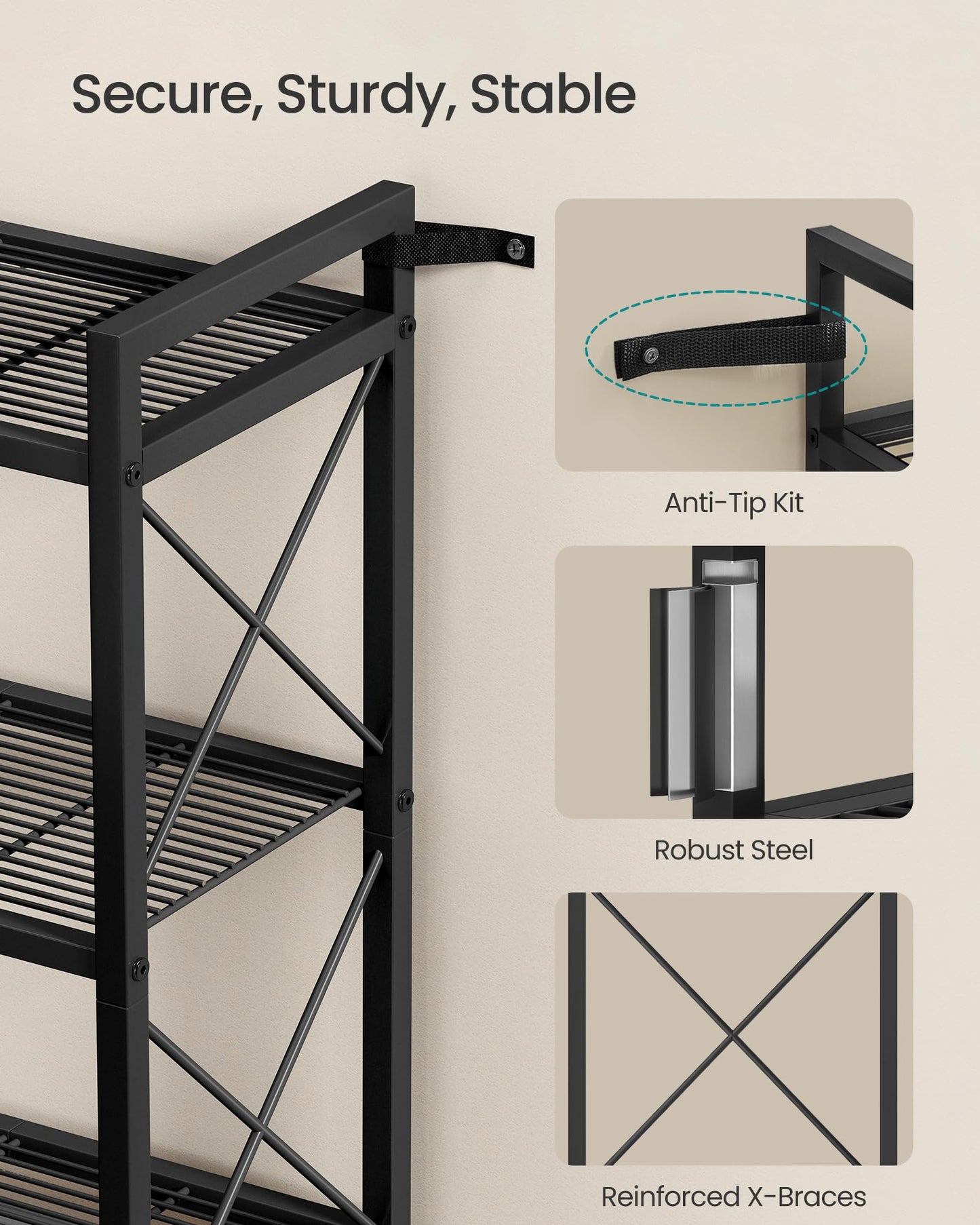 SONGMICS 5-Tier Metal Storage Rack, Shelving Unit with X Side Frames
