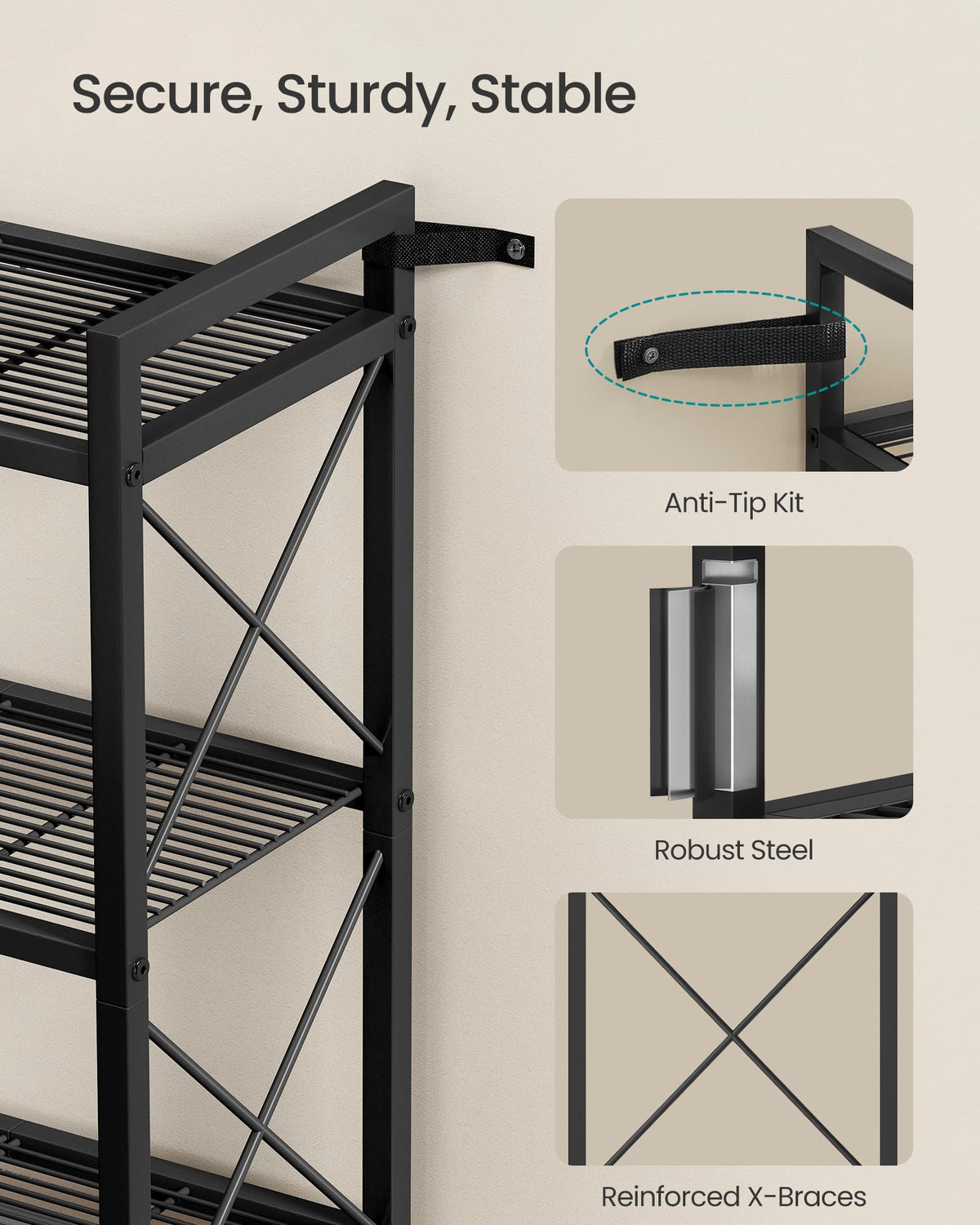 SONGMICS 5-Tier Metal Storage Rack, Shelving Unit with X Side Frames