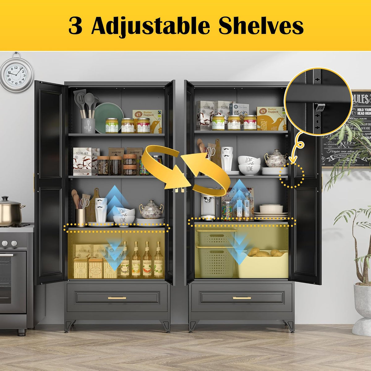 75" Kitchen Pantry Cabinet with Drawer, Metal Storage Cabinets with Doors and 4 Adjustable