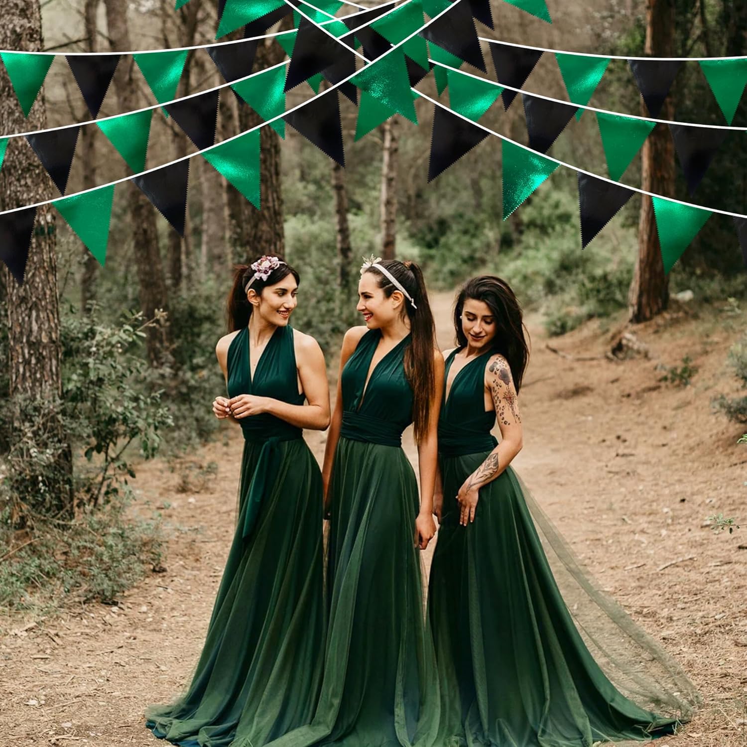 Black Green Party Decorations Metallic Fabric Triangle Pennant Banner Flag Bunting Garland for