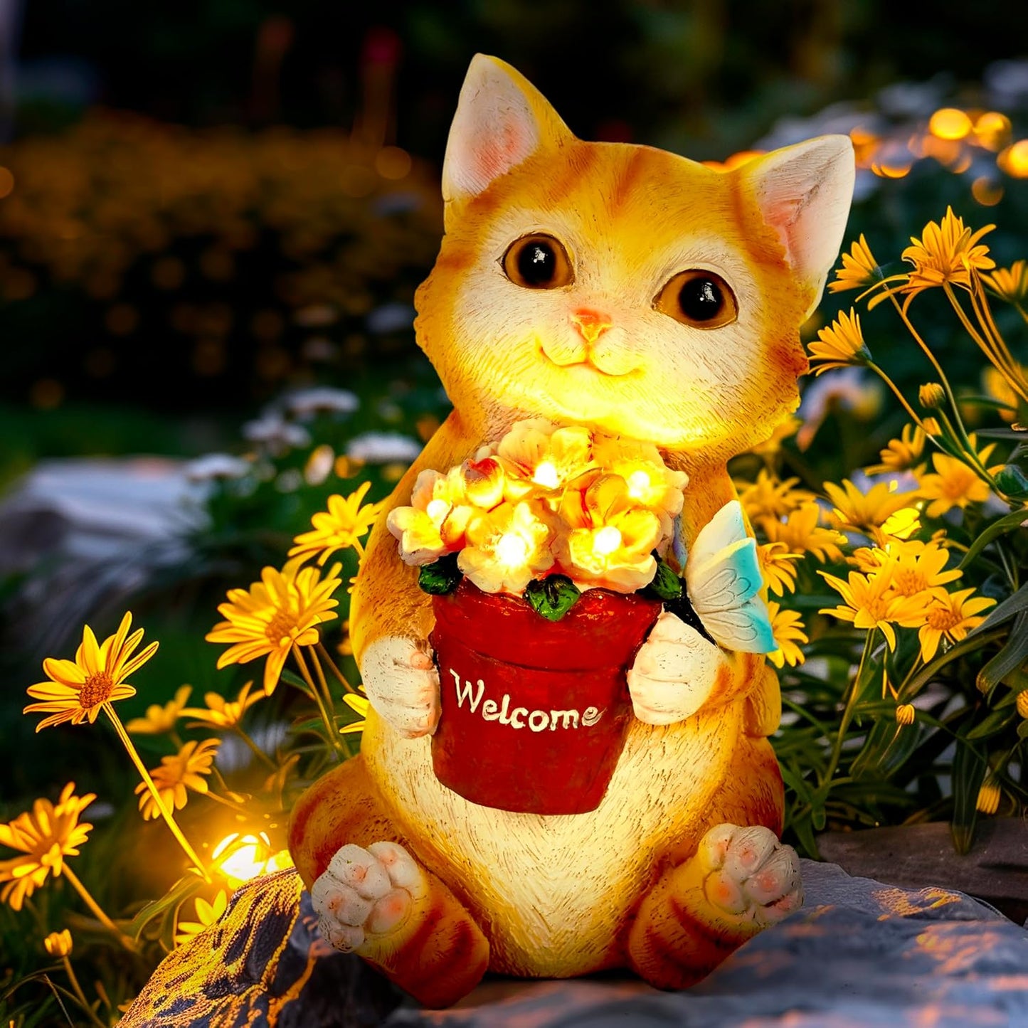 GIGALUMI Solar Garden Decor Flower Pot Cat Statues Outdoor, Birthday Gifts for Women Mom Grandma