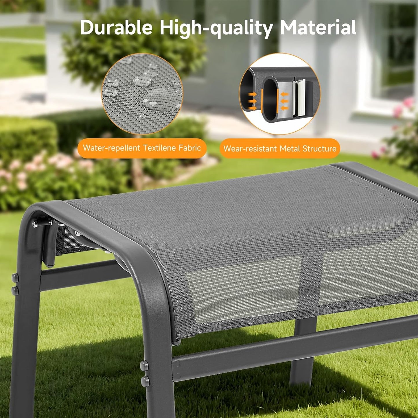 Outdoor Ottoman Set of 2, All Weather Outdoor Foot Stool with Supportive Textliene and Metal Frame
