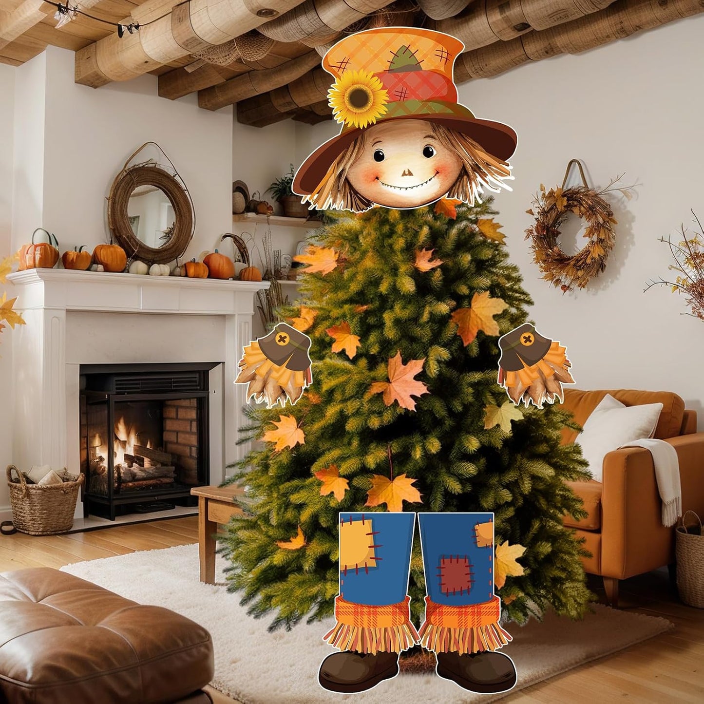 Scarecrow Fall Tree Topper Autumn Harvest Farmhouse Decorative Tree Treetops Head Hands and Legs
