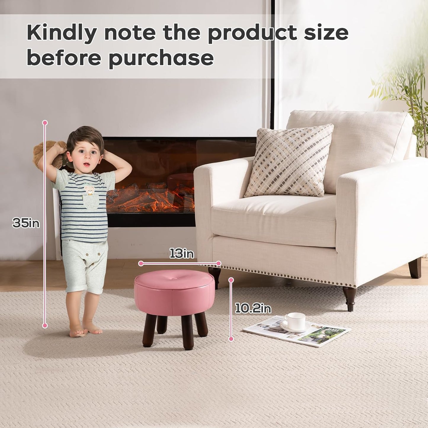 Small Foot Stool Round Pouf Ottoman, 13'' Leather Foot Rest with Non-Skid Rubber Legs, Foolstool