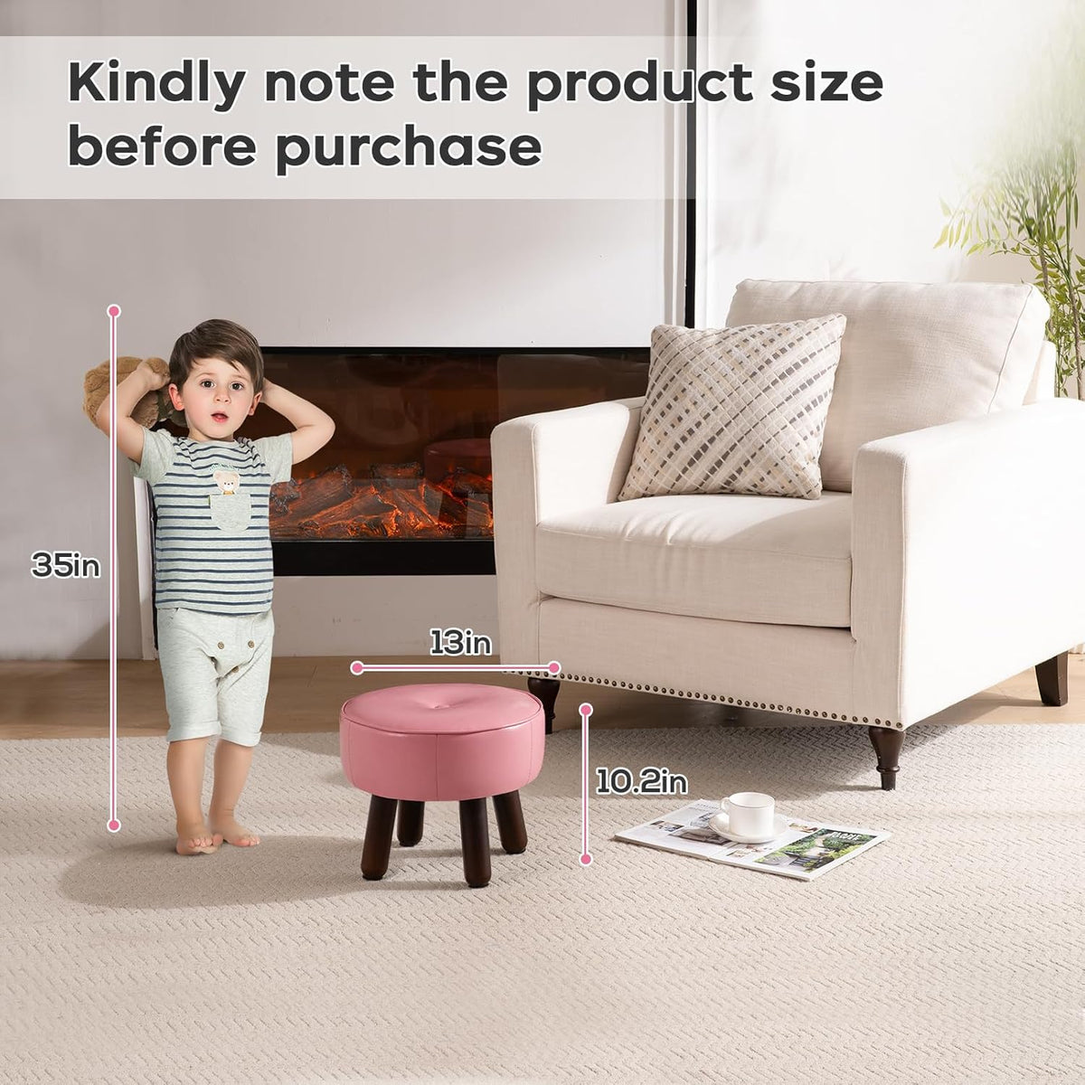 Small Foot Stool Round Pouf Ottoman, 13'' Leather Foot Rest with Non-Skid Rubber Legs, Foolstool